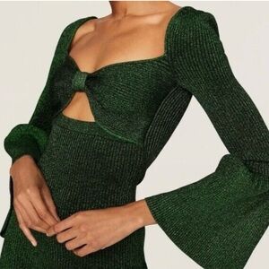 Self-Portrait Green Bodycon Dress with Sweetheart Neckline and Bishop Sleeves